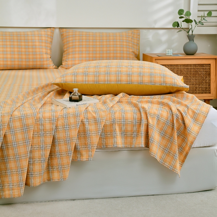 91家纺网 家纺一手货源 找家纺 春皖家纺 2026新款色织AB版水洗棉三件套四件套单品系列（单床单-A版风格一） 素雅-黄条