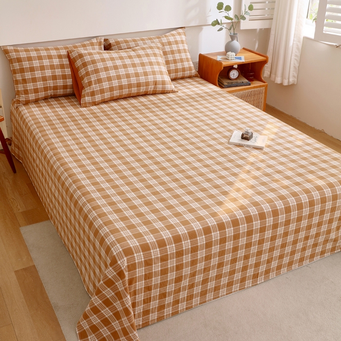 91家纺网 家纺一手货源 找家纺 春皖家纺 2026新款色织AB版水洗棉三件套四件套单品系列（单床单-A版风格一） 素雅-黄格