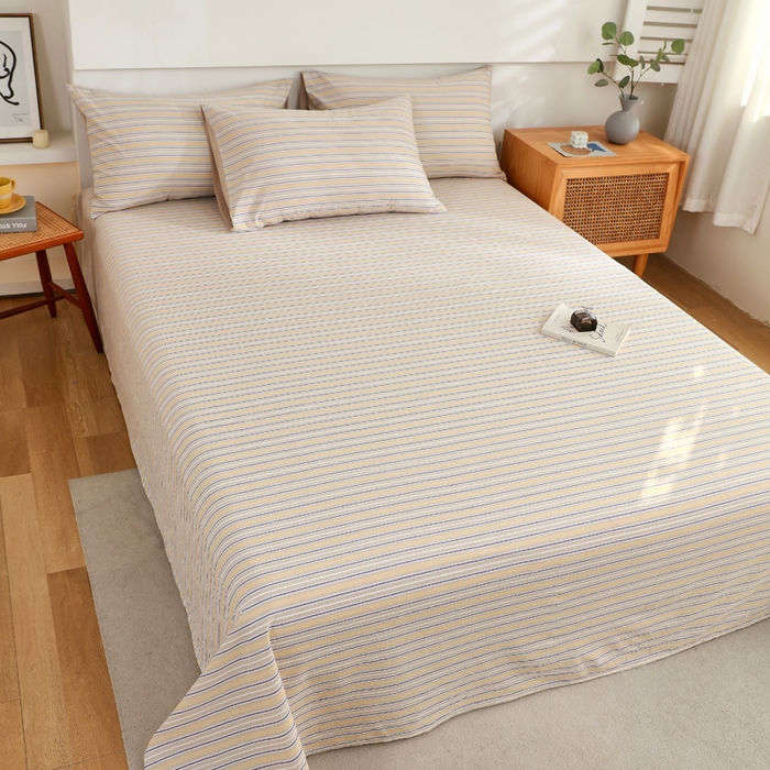 91家纺网 家纺一手货源 找家纺 春皖家纺 2026新款色织AB版水洗棉三件套四件套单品系列（单床单-A版风格一） 素雅-杏黄纹