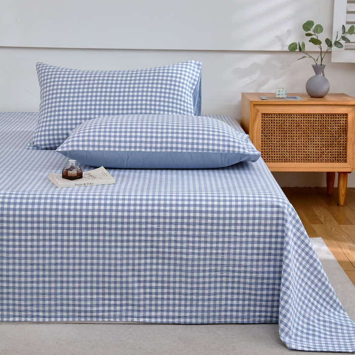 91家纺网 家纺一手货源 找家纺 春皖家纺 2026新款色织AB版水洗棉三件套四件套单品系列（单床单-A版风格一） 素雅-蓝小格