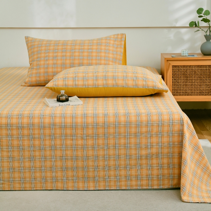 91家纺网 家纺一手货源 找家纺 春皖家纺 2026新款色织AB版水洗棉三件套四件套单品系列（单床单-A版风格一） 素雅-黄条