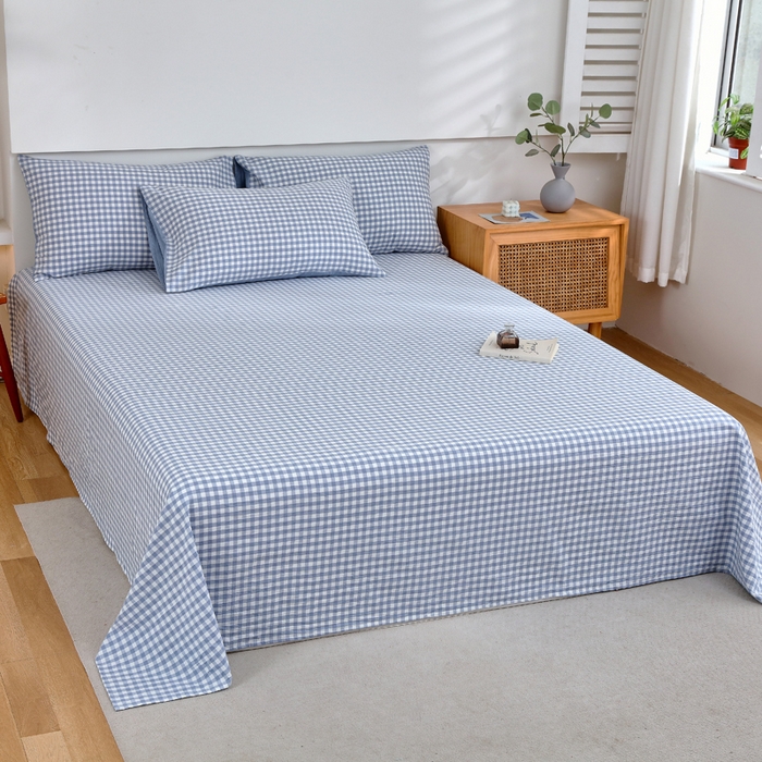 91家纺网 家纺一手货源 找家纺 春皖家纺 2026新款色织AB版水洗棉三件套四件套单品系列（单床单-A版风格一） 素雅-蓝小格