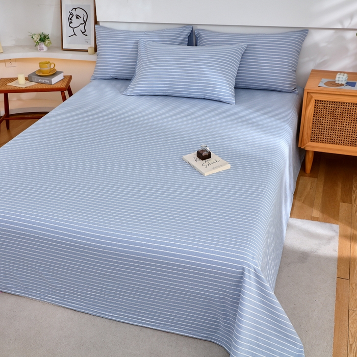 91家纺网 家纺一手货源 找家纺 春皖家纺 2026新款色织AB版水洗棉三件套四件套单品系列（单床单-A版风格一） 素雅-蓝条