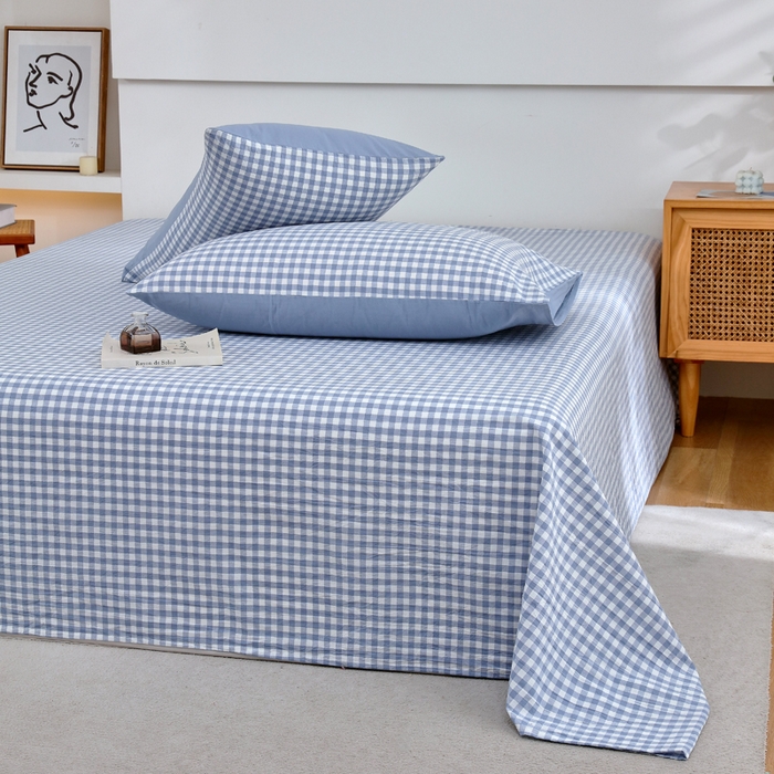 91家纺网 家纺一手货源 找家纺 春皖家纺 2026新款色织AB版水洗棉三件套四件套单品系列（单床单-A版风格一） 素雅-蓝小格