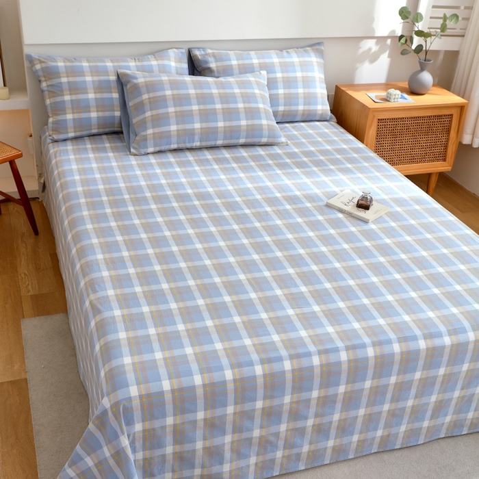 91家纺网 家纺一手货源 找家纺 春皖家纺 2026新款色织AB版水洗棉三件套四件套单品系列（单床单-A版风格一） 素雅-蓝格