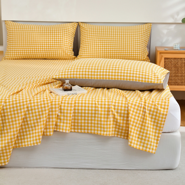 91家纺网 家纺一手货源 找家纺 春皖家纺 2026新款色织AB版水洗棉三件套四件套单品系列（单床单-A版风格一） 朱羽-黄格