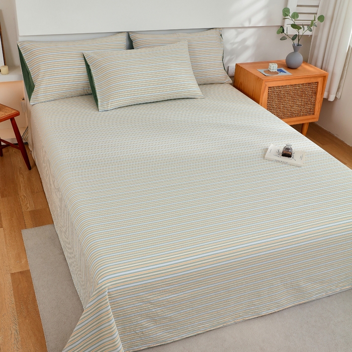 91家纺网 家纺一手货源 找家纺 春皖家纺 2026新款色织AB版水洗棉三件套四件套单品系列（单床单-A版风格一） 素雅-绿条