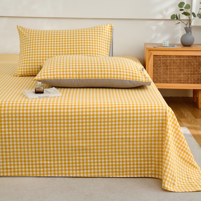 91家纺网 家纺一手货源 找家纺 春皖家纺 2026新款色织AB版水洗棉三件套四件套单品系列（单床单-A版风格一） 朱羽-黄格