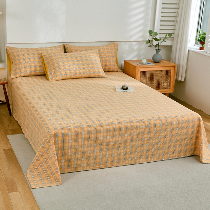 91家纺网 家纺一手货源 找家纺 春皖家纺 2026新款色织AB版水洗棉三件套四件套单品系列（单床单-A版风格一） 素雅-黄条