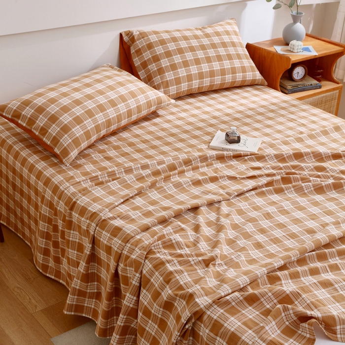 91家纺网 家纺一手货源 找家纺 春皖家纺 2026新款色织AB版水洗棉三件套四件套单品系列（单床单-A版风格一） 素雅-黄格