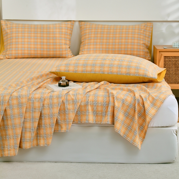 91家纺网 家纺一手货源 找家纺 春皖家纺 2026新款色织AB版水洗棉三件套四件套单品系列（单床单-A版风格一） 素雅-黄条