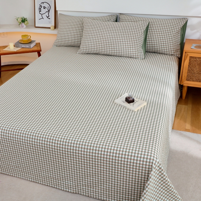 91家纺网 家纺一手货源 找家纺 春皖家纺 2026新款色织AB版水洗棉三件套四件套单品系列（单床单-A版风格一） 素雅-绿格