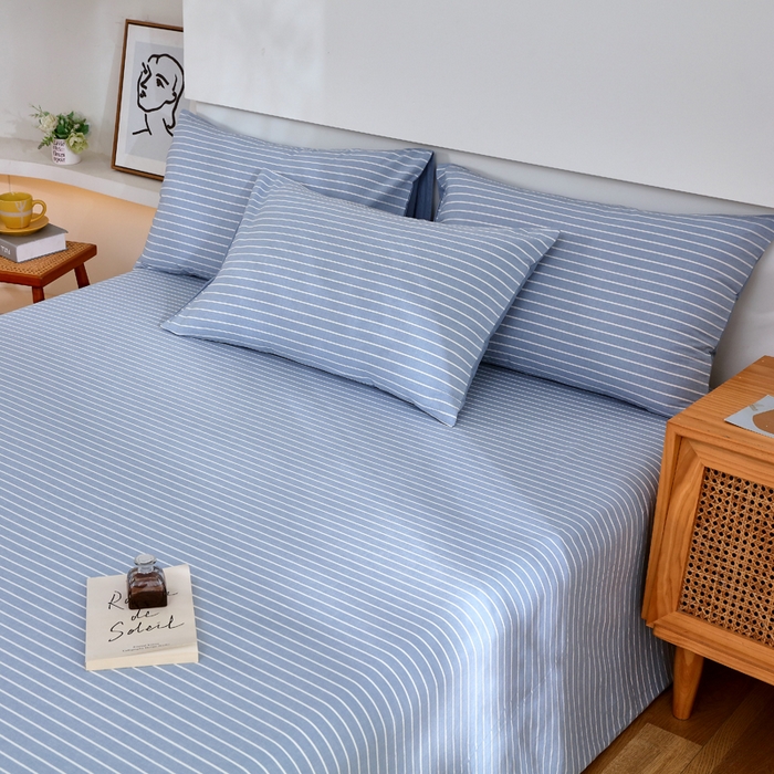 91家纺网 家纺一手货源 找家纺 春皖家纺 2026新款色织AB版水洗棉三件套四件套单品系列（单床单-A版风格一） 素雅-蓝条