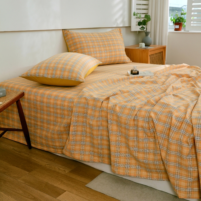 91家纺网 家纺一手货源 找家纺 春皖家纺 2026新款色织AB版水洗棉三件套四件套单品系列（单床单-A版风格一） 素雅-黄条