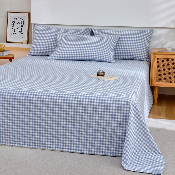 91家纺网 家纺一手货源 找家纺 春皖家纺 2026新款色织AB版水洗棉三件套四件套单品系列（单床单-A版风格一） 素雅-蓝小格