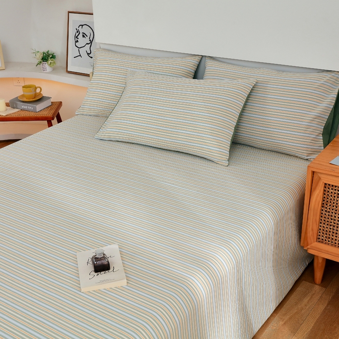 91家纺网 家纺一手货源 找家纺 春皖家纺 2026新款色织AB版水洗棉三件套四件套单品系列（单床单-A版风格一） 素雅-绿条