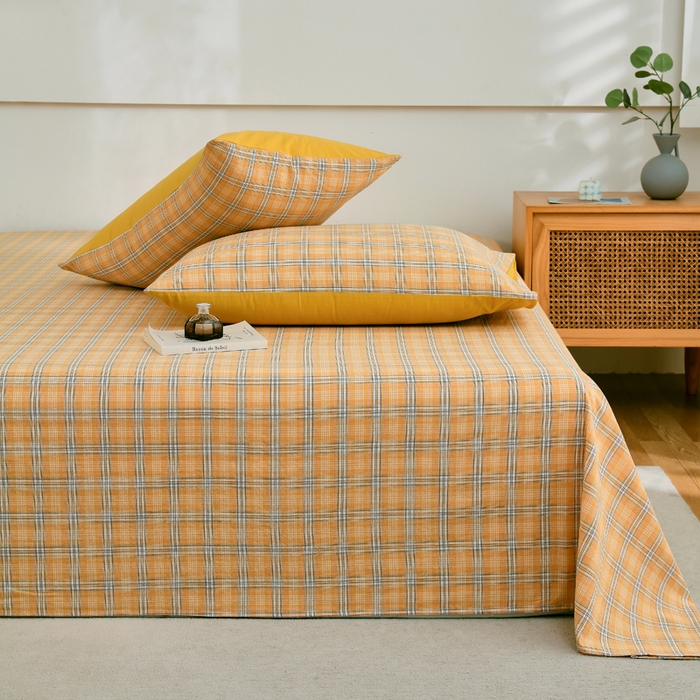 91家纺网 家纺一手货源 找家纺 春皖家纺 2026新款色织AB版水洗棉三件套四件套单品系列（单床单-A版风格一） 素雅-黄条