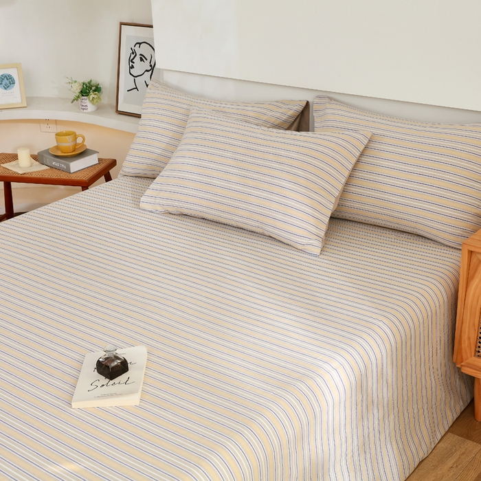 91家纺网 家纺一手货源 找家纺 春皖家纺 2026新款色织AB版水洗棉三件套四件套单品系列（单床单-A版风格一） 素雅-杏黄纹