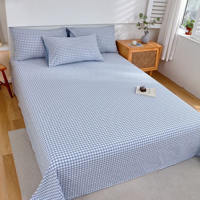 91家纺网 家纺一手货源 找家纺 春皖家纺 2026新款色织AB版水洗棉三件套四件套单品系列（单床单-A版风格一） 素雅-蓝小格