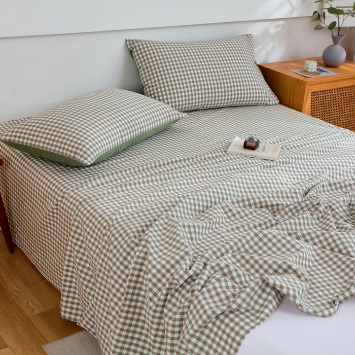 91家纺网 家纺一手货源 找家纺 春皖家纺 2026新款色织AB版水洗棉三件套四件套单品系列（单床单-A版风格一） 素雅-绿格