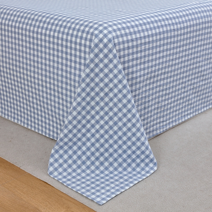 91家纺网 家纺一手货源 找家纺 春皖家纺 2026新款色织AB版水洗棉三件套四件套单品系列（单床单-A版风格一） 素雅-蓝小格