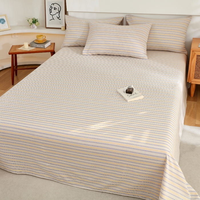 91家纺网 家纺一手货源 找家纺 春皖家纺 2026新款色织AB版水洗棉三件套四件套单品系列（单床单-A版风格一） 素雅-杏黄纹