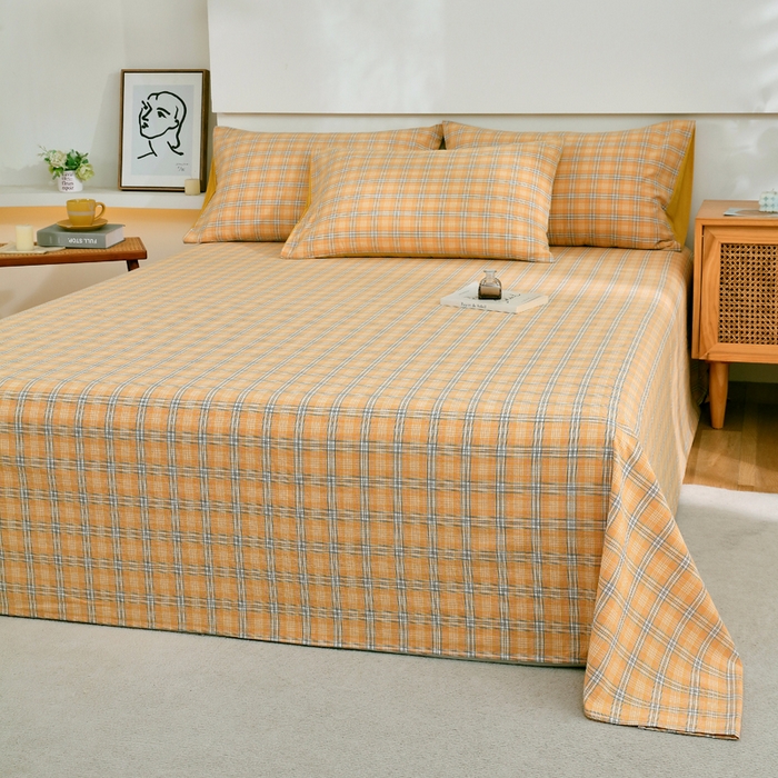 91家纺网 家纺一手货源 找家纺 春皖家纺 2026新款色织AB版水洗棉三件套四件套单品系列（单床单-A版风格一） 素雅-黄条