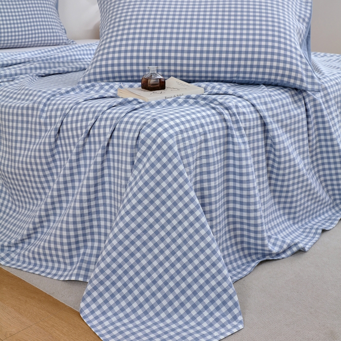 91家纺网 家纺一手货源 找家纺 春皖家纺 2026新款色织AB版水洗棉三件套四件套单品系列（单床单-A版风格一） 素雅-蓝小格