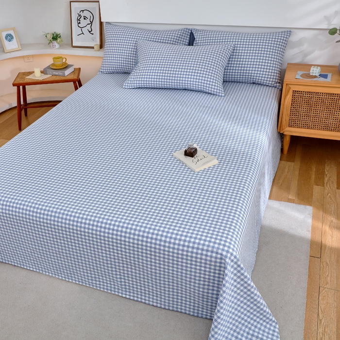 91家纺网 家纺一手货源 找家纺 春皖家纺 2026新款色织AB版水洗棉三件套四件套单品系列（单床单-A版风格一） 素雅-蓝小格