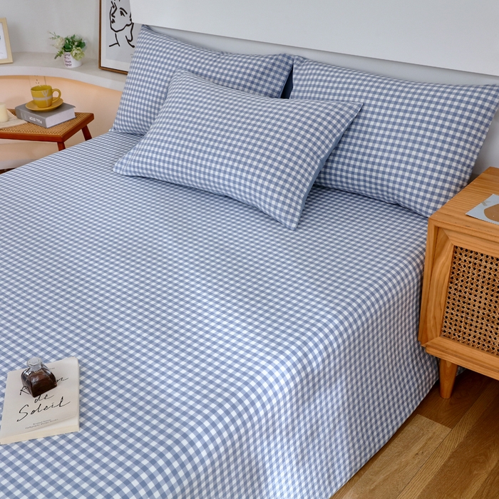 91家纺网 家纺一手货源 找家纺 春皖家纺 2026新款色织AB版水洗棉三件套四件套单品系列（单床单-A版风格一） 素雅-蓝小格