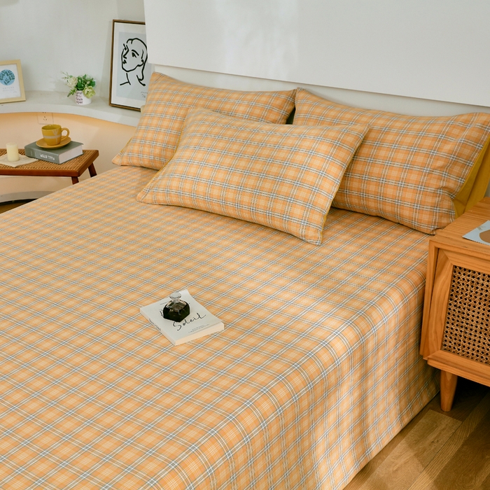 91家纺网 家纺一手货源 找家纺 春皖家纺 2026新款色织AB版水洗棉三件套四件套单品系列（单床单-A版风格一） 素雅-黄条