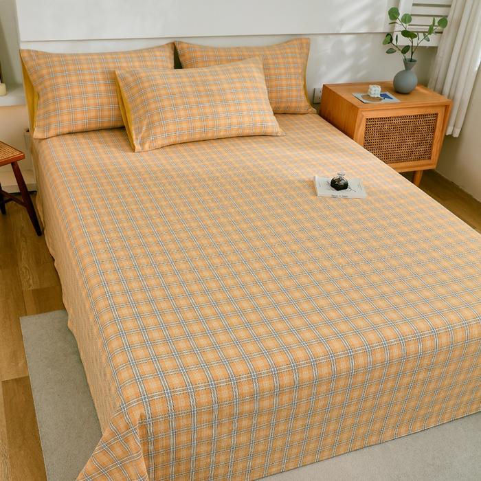 91家纺网 家纺一手货源 找家纺 春皖家纺 2026新款色织AB版水洗棉三件套四件套单品系列（单床单-A版风格一） 素雅-黄条