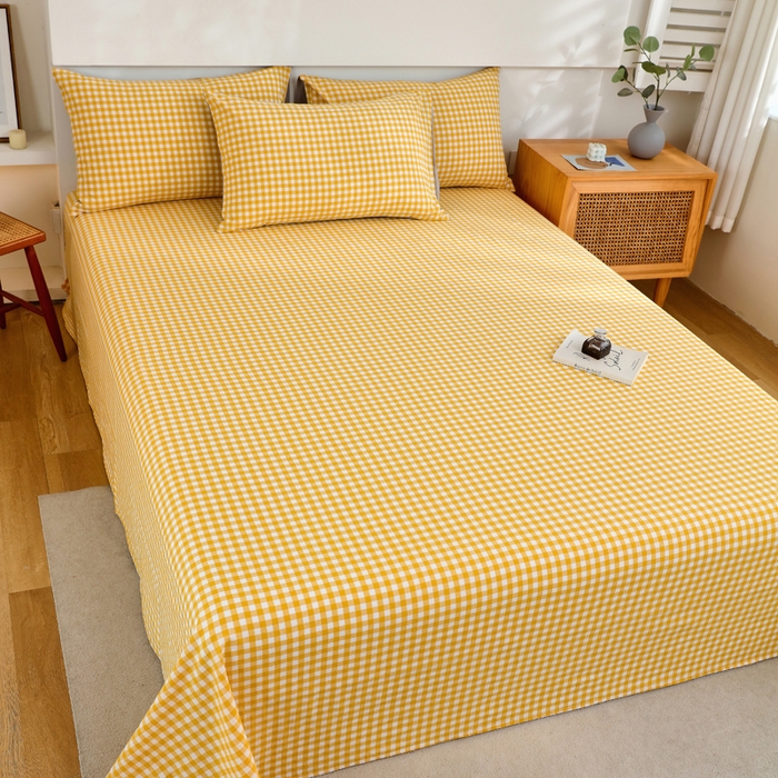 91家纺网 家纺一手货源 找家纺 春皖家纺 2026新款色织AB版水洗棉三件套四件套单品系列（单床单-A版风格一） 朱羽-黄格