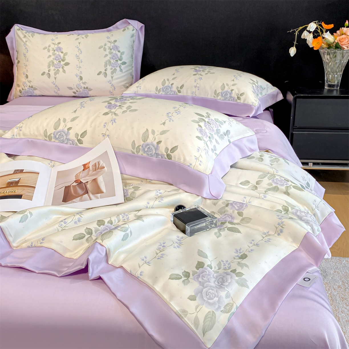 91家纺网 家纺一手货源 找家纺 笙意家纺 2026A类水洗冰丝数码印花宽边夏被四件套千紫