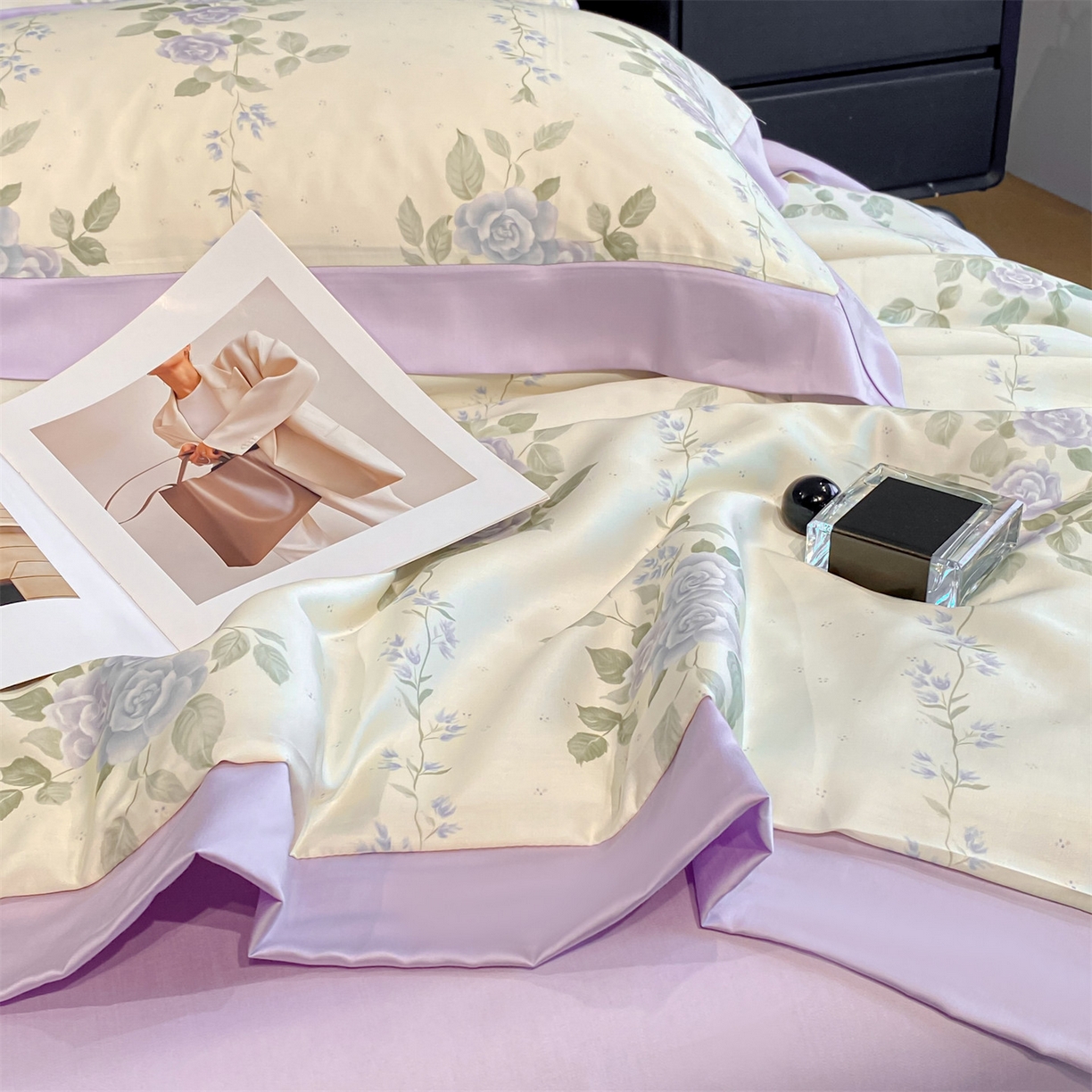 91家纺网 家纺一手货源 找家纺 笙意家纺 2026A类水洗冰丝数码印花宽边夏被四件套千紫