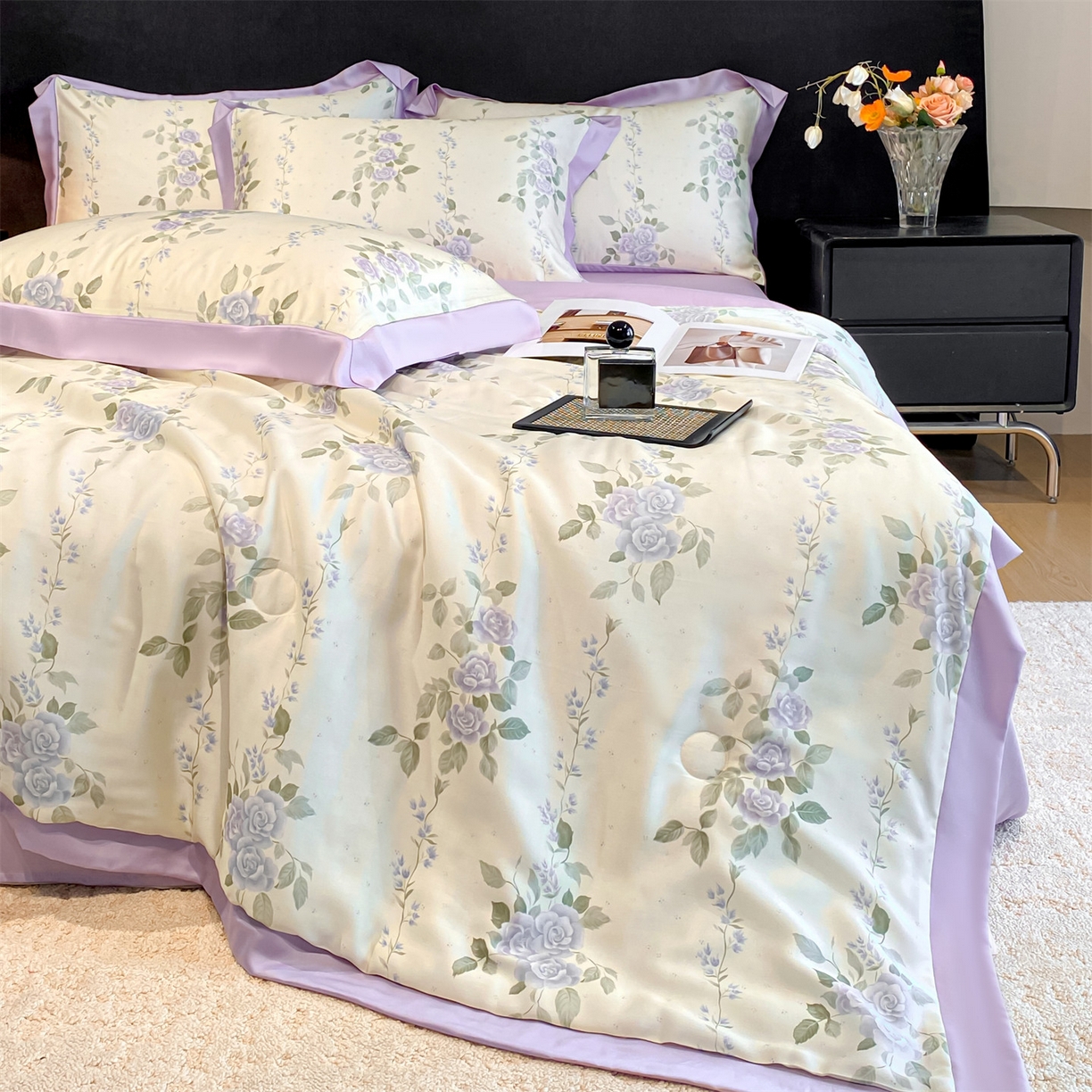 91家纺网 家纺一手货源 找家纺 笙意家纺 2026A类水洗冰丝数码印花宽边夏被四件套千紫