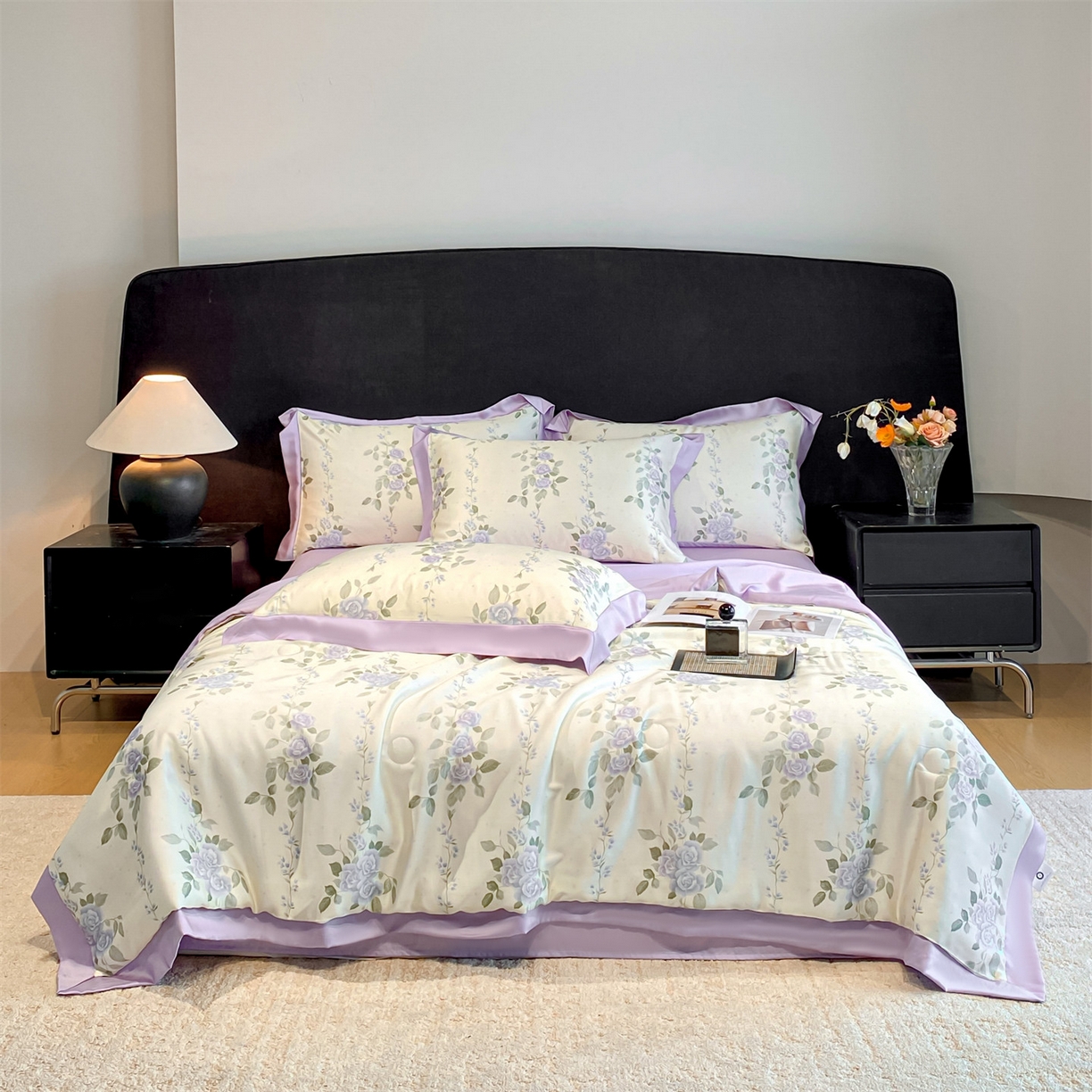 笙意家纺 2026A类水洗冰丝数码印花宽边夏被四件套千紫