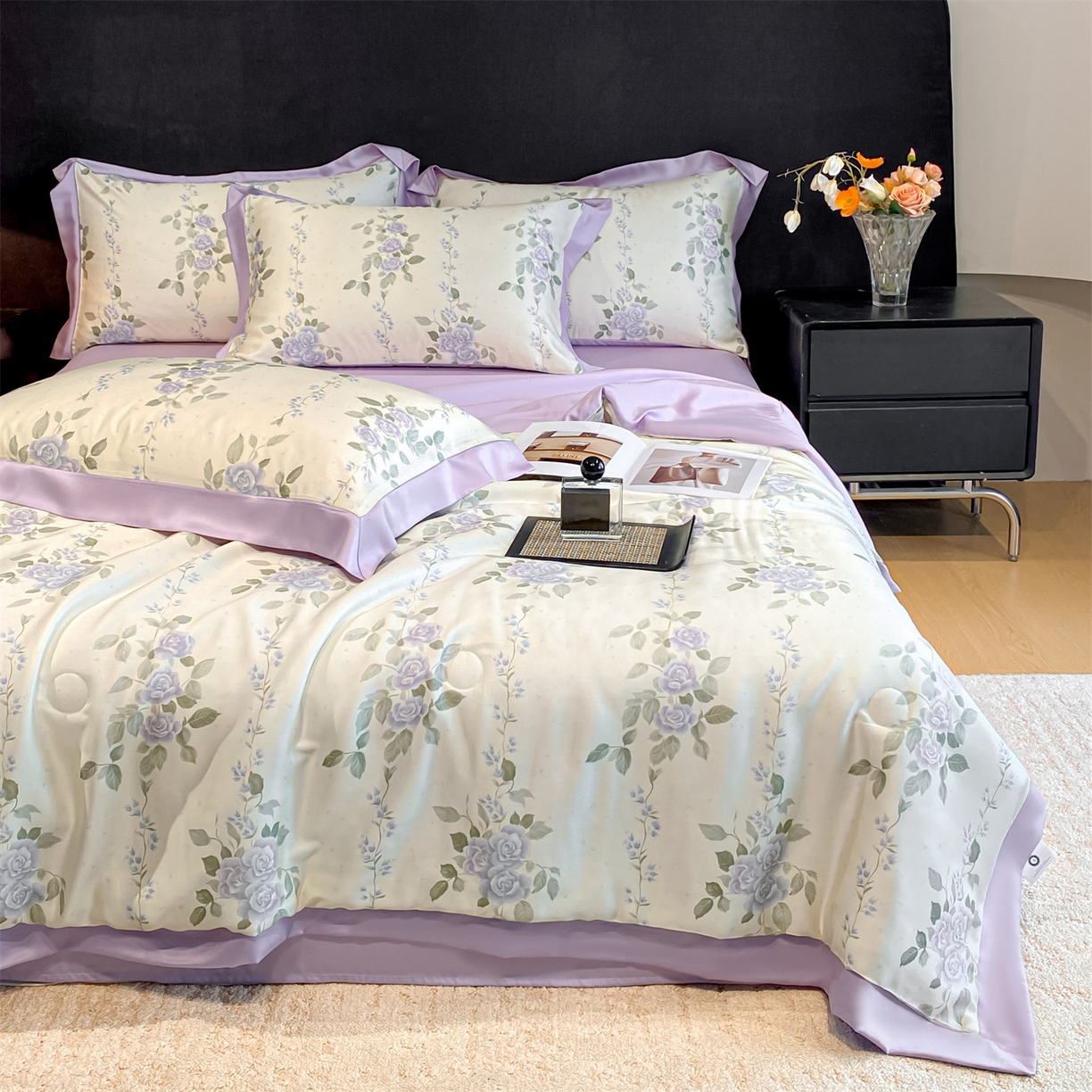 91家纺网 家纺一手货源 找家纺 笙意家纺 2026A类水洗冰丝数码印花宽边夏被四件套千紫