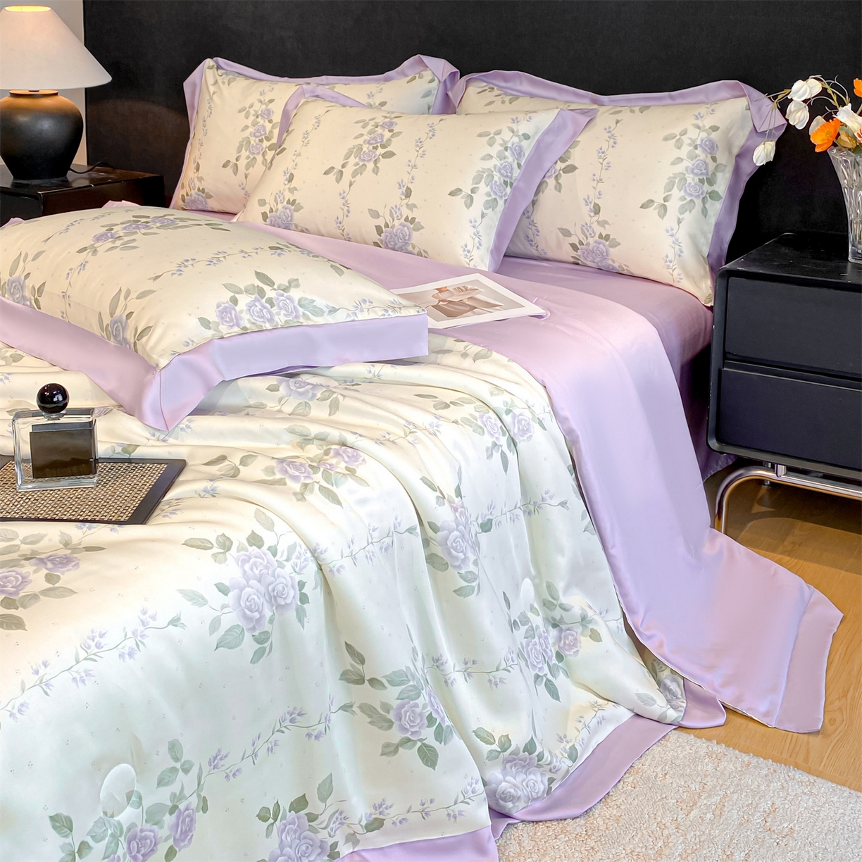 91家纺网 家纺一手货源 找家纺 笙意家纺 2026A类水洗冰丝数码印花宽边夏被四件套千紫