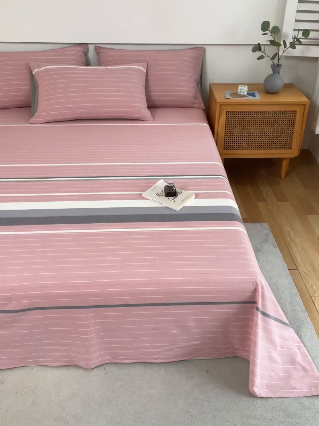 91家纺网 家纺一手货源 找家纺 春皖家纺 2026新款色织AB版水洗棉三件套四件套单品系列（单床单-A版风格一） 素雅-蔻粉