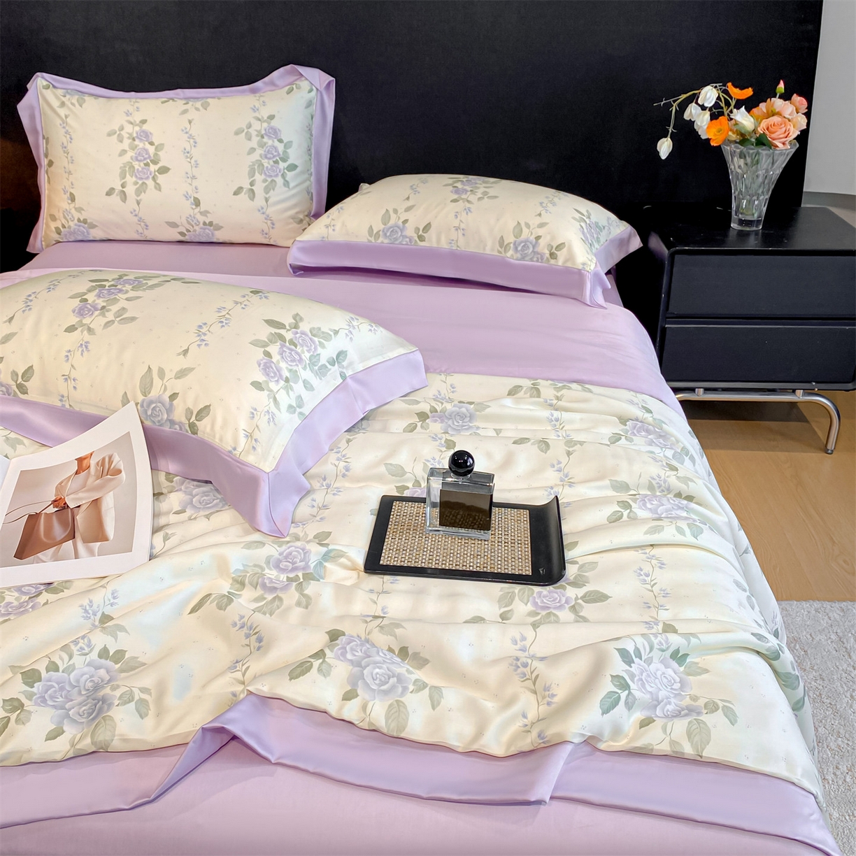 91家纺网 家纺一手货源 找家纺 笙意家纺 2026A类水洗冰丝数码印花宽边夏被四件套千紫