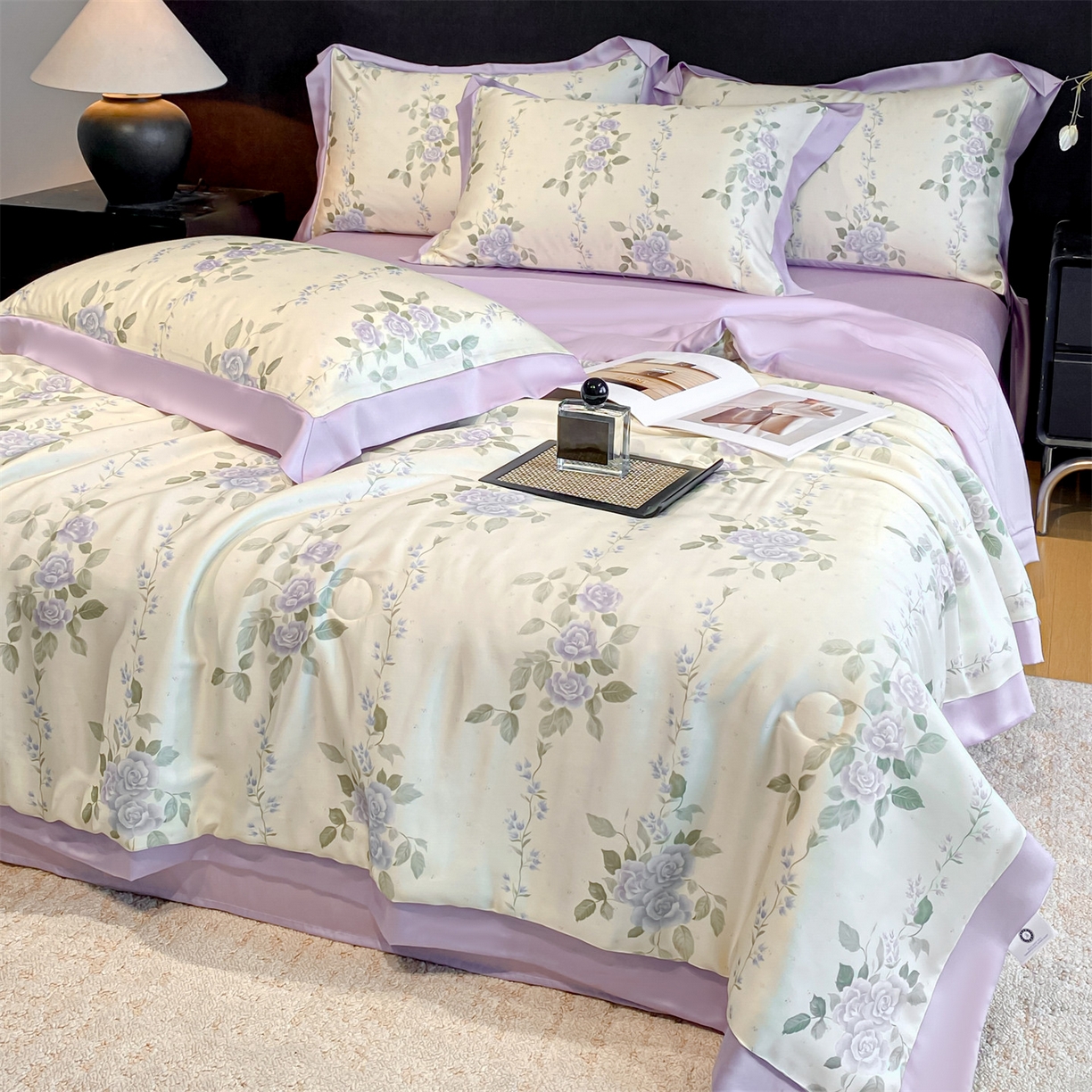 91家纺网 家纺一手货源 找家纺 笙意家纺 2026A类水洗冰丝数码印花宽边夏被四件套千紫