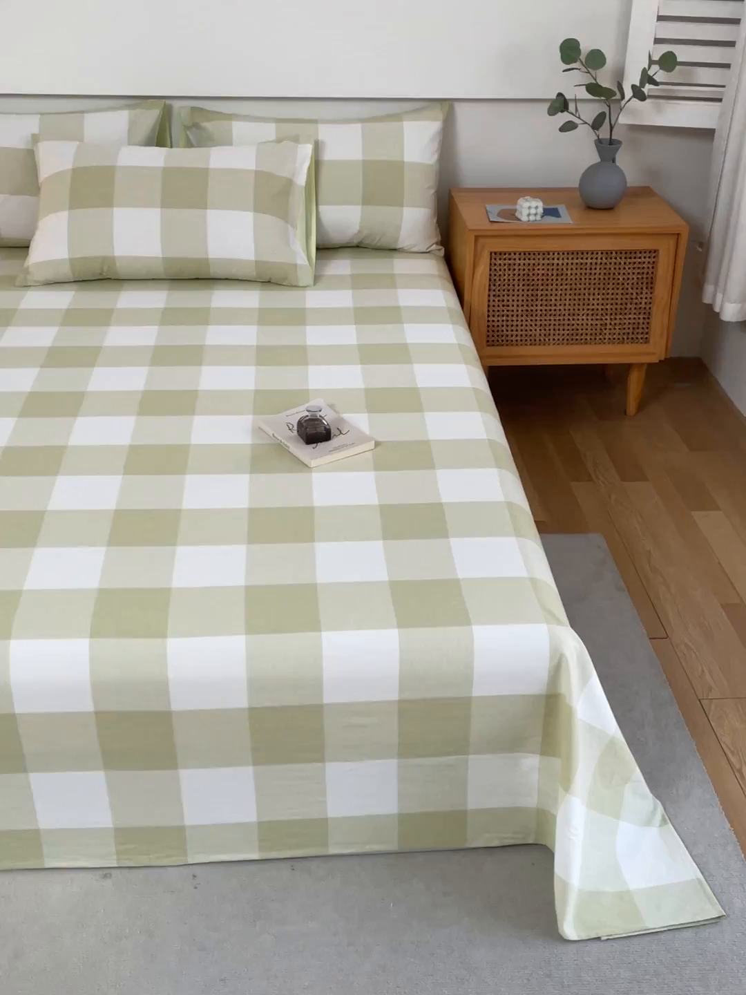 91家纺网 家纺一手货源 找家纺 春皖家纺 2026新款色织AB版水洗棉三件套四件套单品系列（单床单-A版风格一） 素雅-芳绿