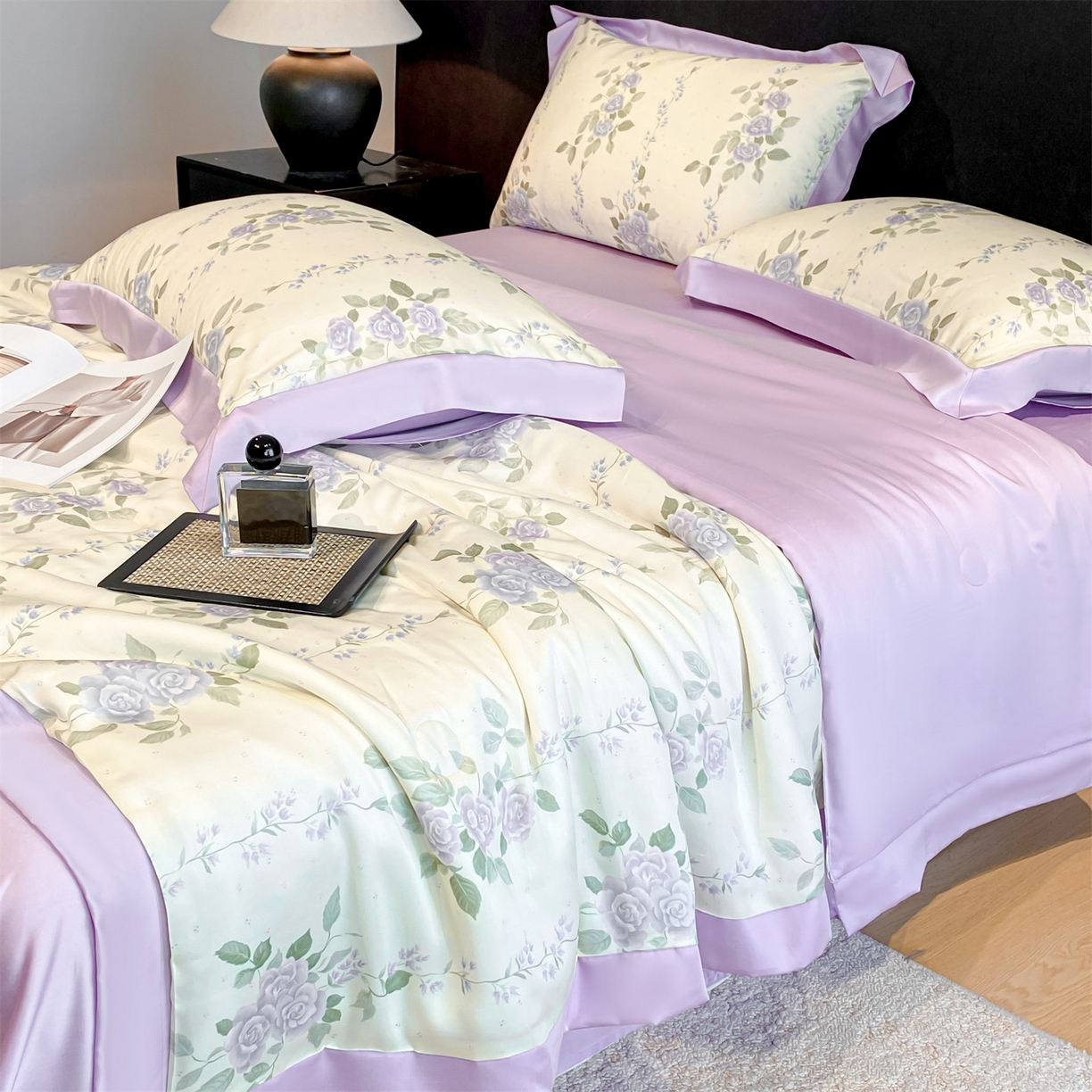 91家纺网 家纺一手货源 找家纺 笙意家纺 2026A类水洗冰丝数码印花宽边夏被四件套千紫