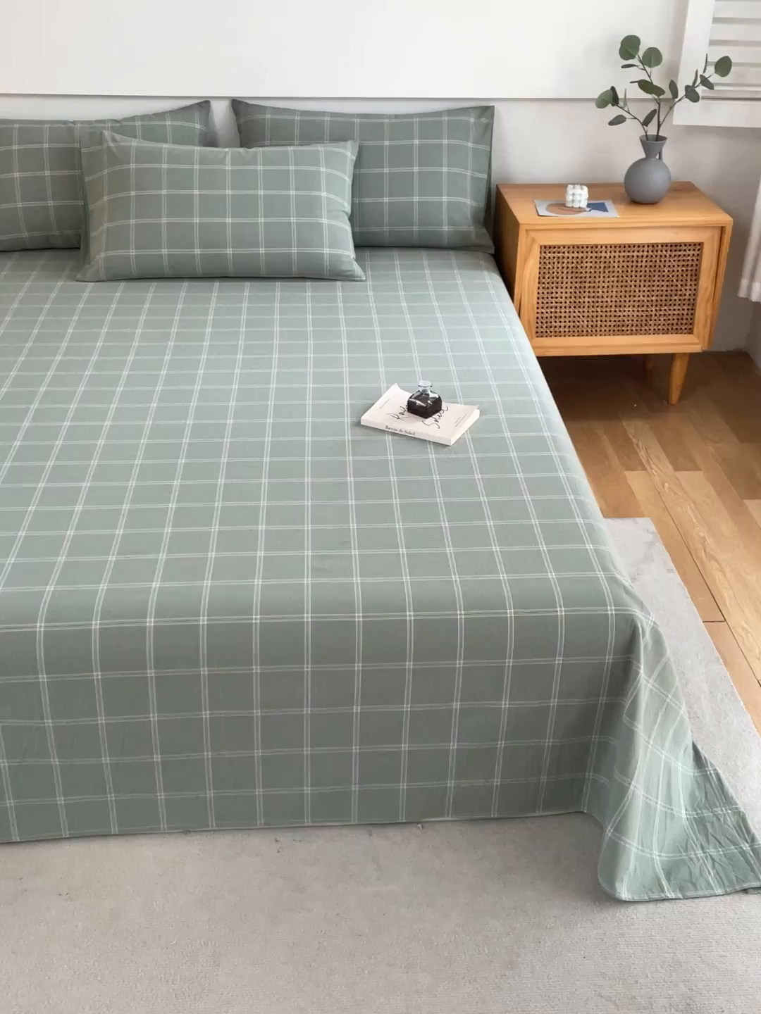 91家纺网 家纺一手货源 找家纺 春皖家纺 2026新款色织AB版水洗棉三件套四件套单品系列（单床单-A版风格一） 素雅-韵绿