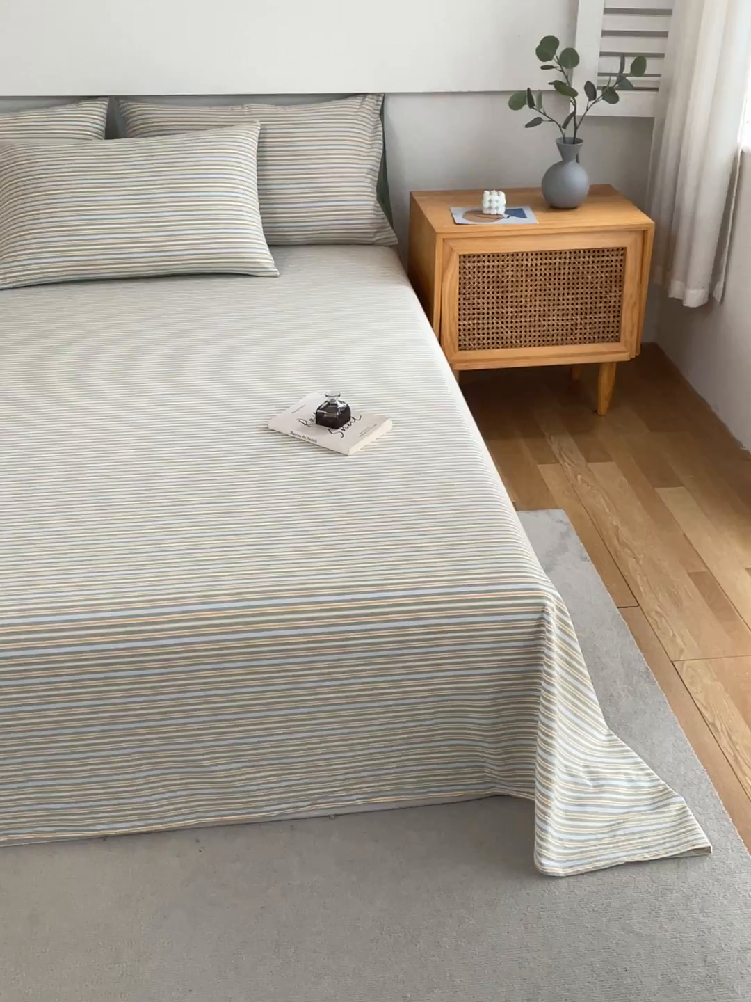 91家纺网 家纺一手货源 找家纺 春皖家纺 2026新款色织AB版水洗棉三件套四件套单品系列（单床单-A版风格一） 素雅-绿条