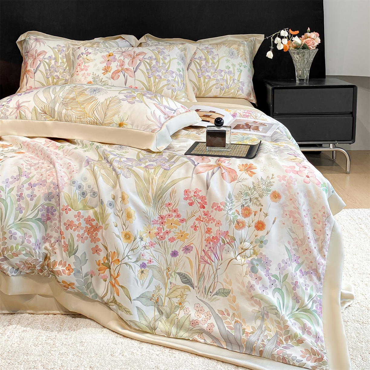 91家纺网 家纺一手货源 找家纺 笙意家纺 2026A类水洗冰丝数码印花宽边夏被四件套时染