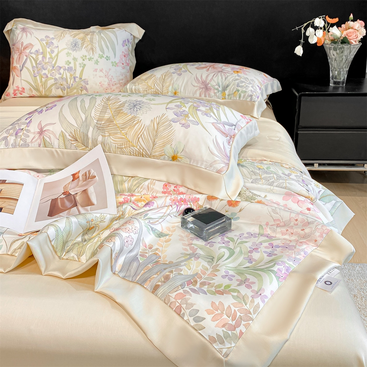 91家纺网 家纺一手货源 找家纺 笙意家纺 2026A类水洗冰丝数码印花宽边夏被四件套时染