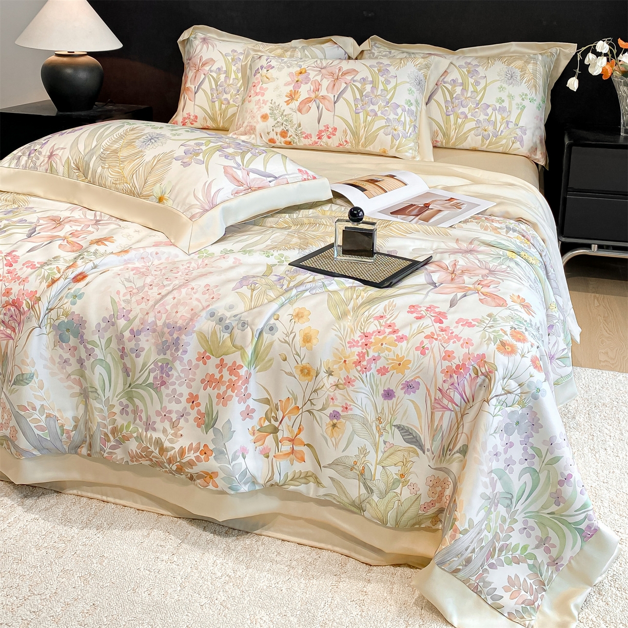 91家纺网 家纺一手货源 找家纺 笙意家纺 2026A类水洗冰丝数码印花宽边夏被四件套时染