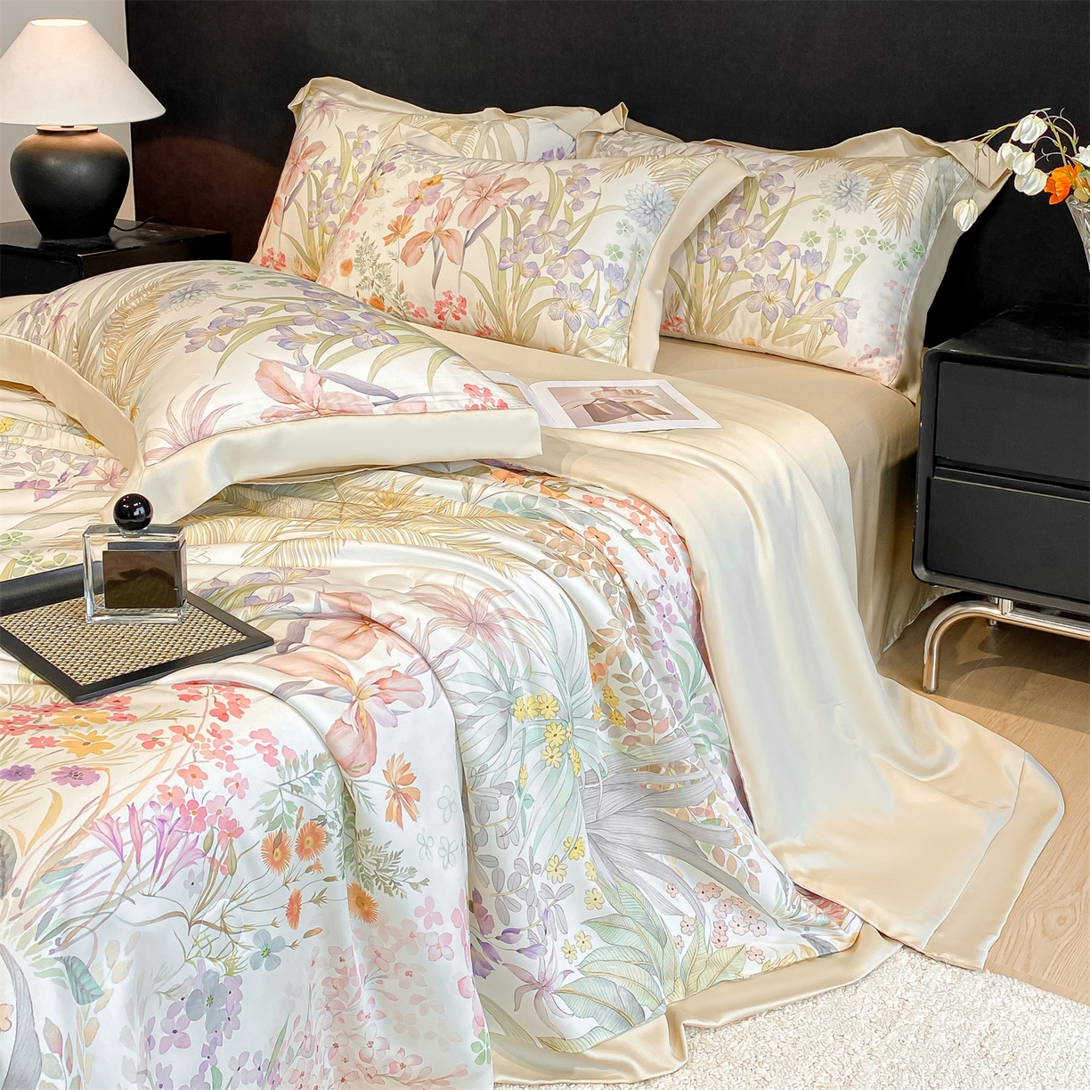 91家纺网 家纺一手货源 找家纺 笙意家纺 2026A类水洗冰丝数码印花宽边夏被四件套时染